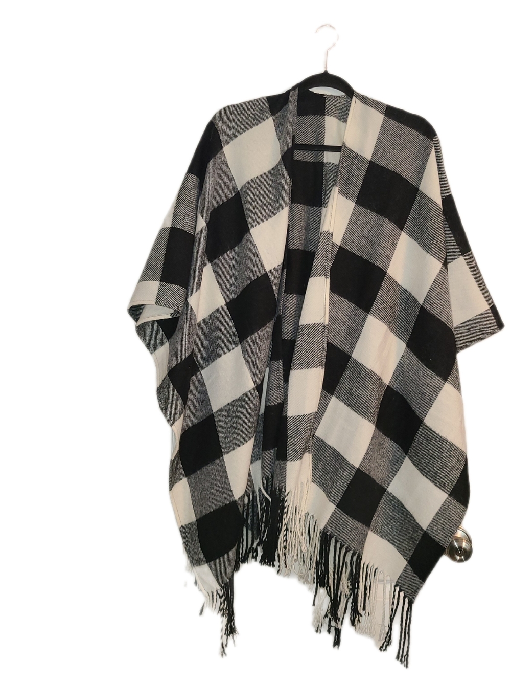 ANDRÉE BY UNIT Black and White Plaid Fringe Wrap/ Poncho - Picture 7 of 10
